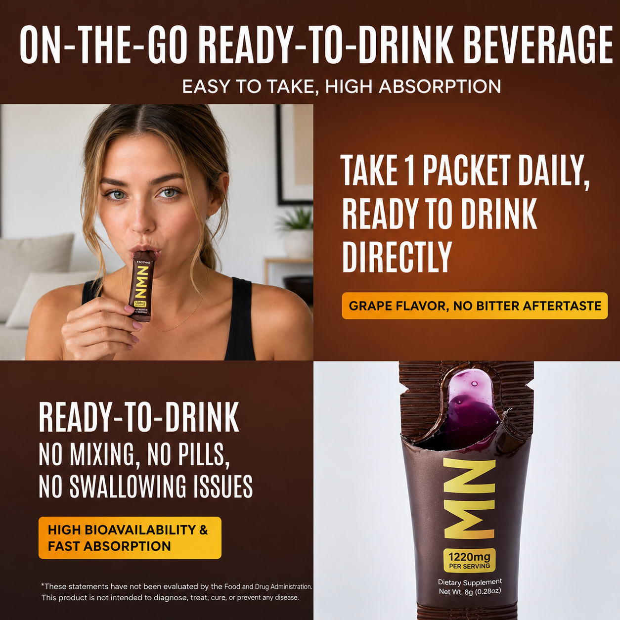 NMN 7-in-1 Liquid Supplement NAD+ Support, with Aging-Supportive Resveratrol, TMG, Quercetin, CoQ10, Grapeseed, PQQ, Apigenin Cellular Energy & NAD Levels, 30 On-The-Go Packets