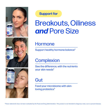 Clear³ Skin Acne Supplement with Zinc, DIM & Probiotics | 3-in-1 Balance, Clarify, Restore Support with Hyaluronic Acid & Skin Support Vitamins