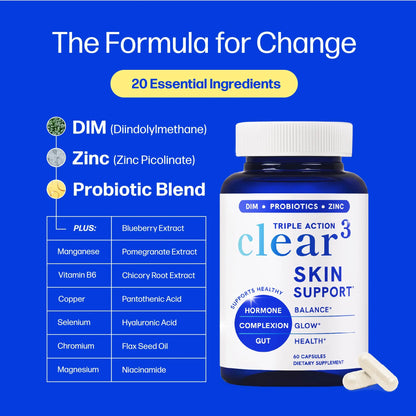 Clear³ Skin Acne Supplement with Zinc, DIM & Probiotics | 3-in-1 Balance, Clarify, Restore Support with Hyaluronic Acid & Skin Support Vitamins