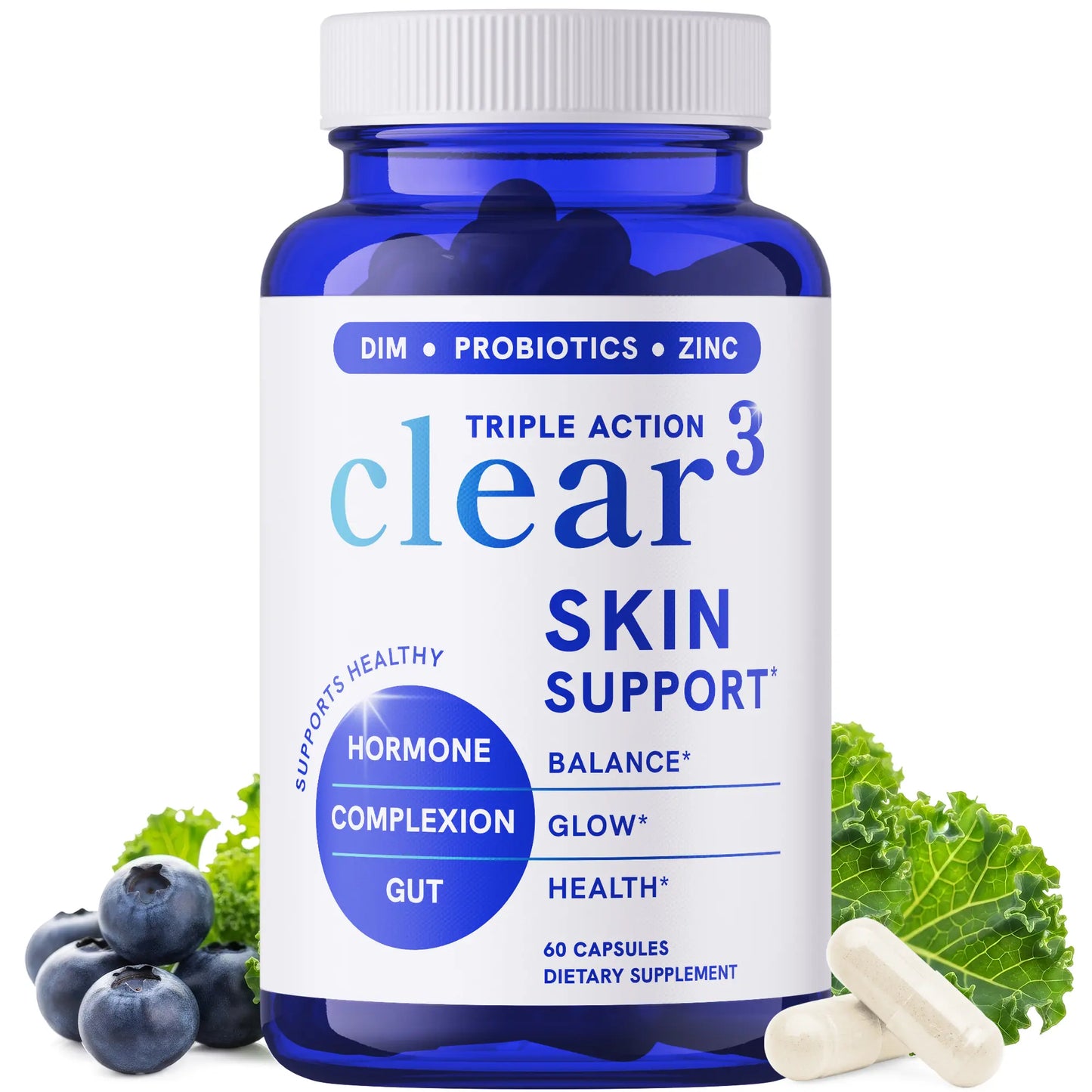 Clear³ Skin Acne Supplement with Zinc, DIM & Probiotics | 3-in-1 Balance, Clarify, Restore Support with Hyaluronic Acid & Skin Support Vitamins