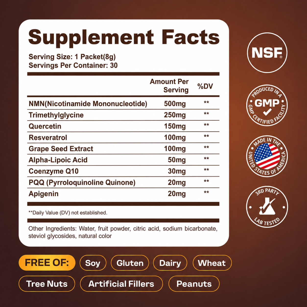 NMN 7-in-1 Liquid Supplement NAD+ Support， with Aging-Supportive Resveratrol, TMG, Quercetin, CoQ10, Grapeseed, PQQ, Apigenin Cellular Energy & NAD Levels, 30 On-The-Go Packets