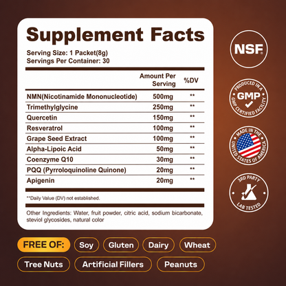 NMN 7-in-1 Liquid Supplement NAD+ Support， with Aging-Supportive Resveratrol, TMG, Quercetin, CoQ10, Grapeseed, PQQ, Apigenin Cellular Energy & NAD Levels, 30 On-The-Go Packets