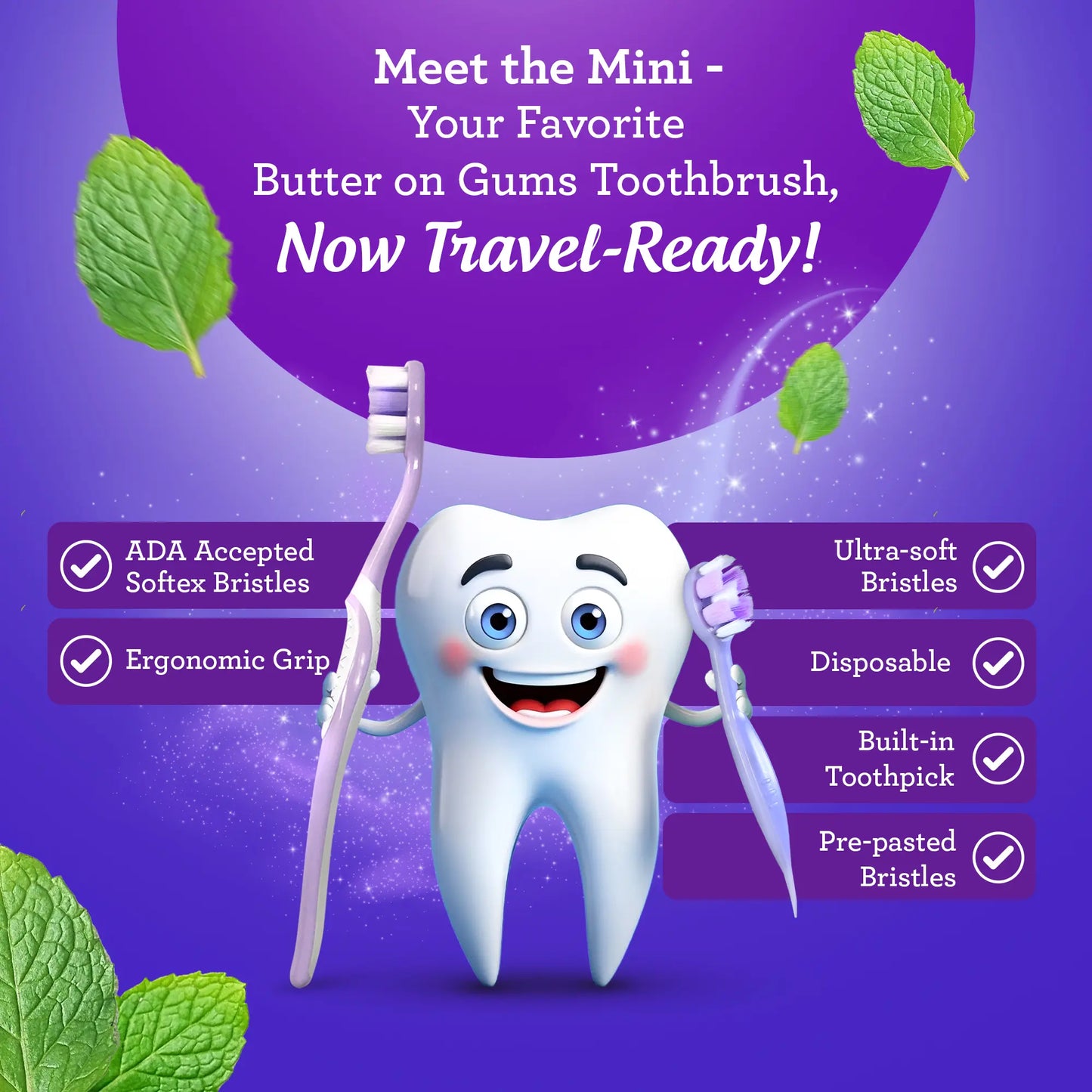 Ready-to-Go Pre-Pasted Butter on Gums Mini Travel Toothbrush