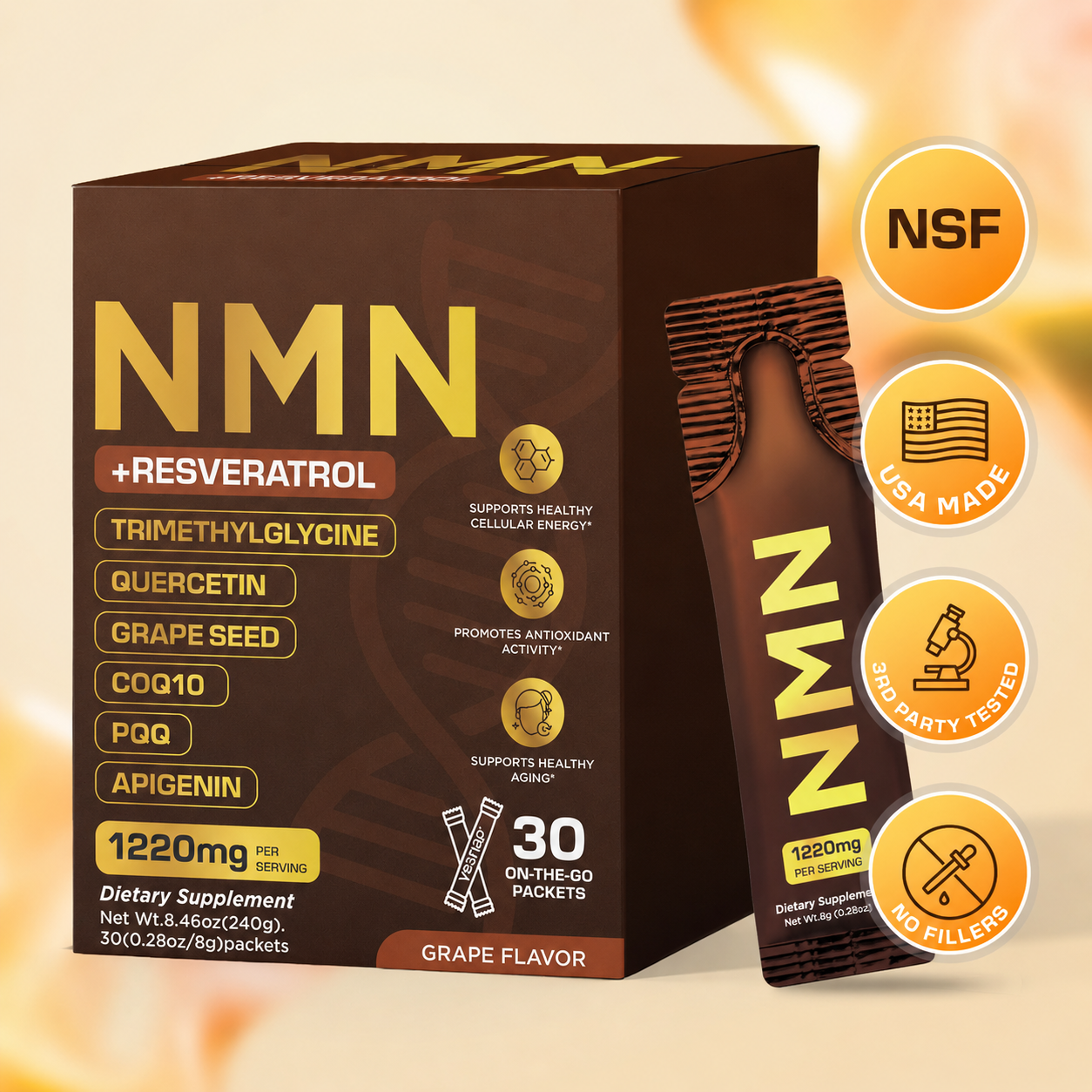 NMN 7-in-1 Liquid Supplement NAD+ Support， with Aging-Supportive Resveratrol, TMG, Quercetin, CoQ10, Grapeseed, PQQ, Apigenin Cellular Energy & NAD Levels, 30 On-The-Go Packets