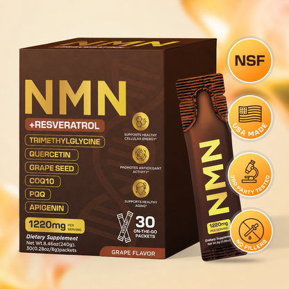 NMN 7-in-1 Liquid Supplement NAD+ Support， with Aging-Supportive Resveratrol, TMG, Quercetin, CoQ10, Grapeseed, PQQ, Apigenin Cellular Energy & NAD Levels, 30 On-The-Go Packets